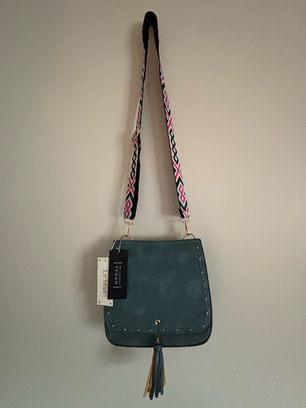 Le Miel Teal Vegan Leather Crossbody with Patterned Strap and Tassel
